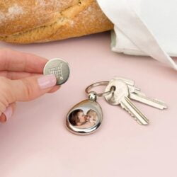 metalen sleutelhanger winkelwagen muntje bedrukken met foto