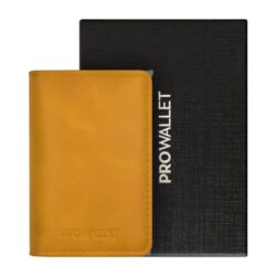 uitschuifbare pasjeshouder prowallet slim okergeel met verpakking