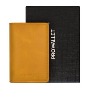 uitschuifbare pasjeshouder prowallet slim okergeel met verpakking
